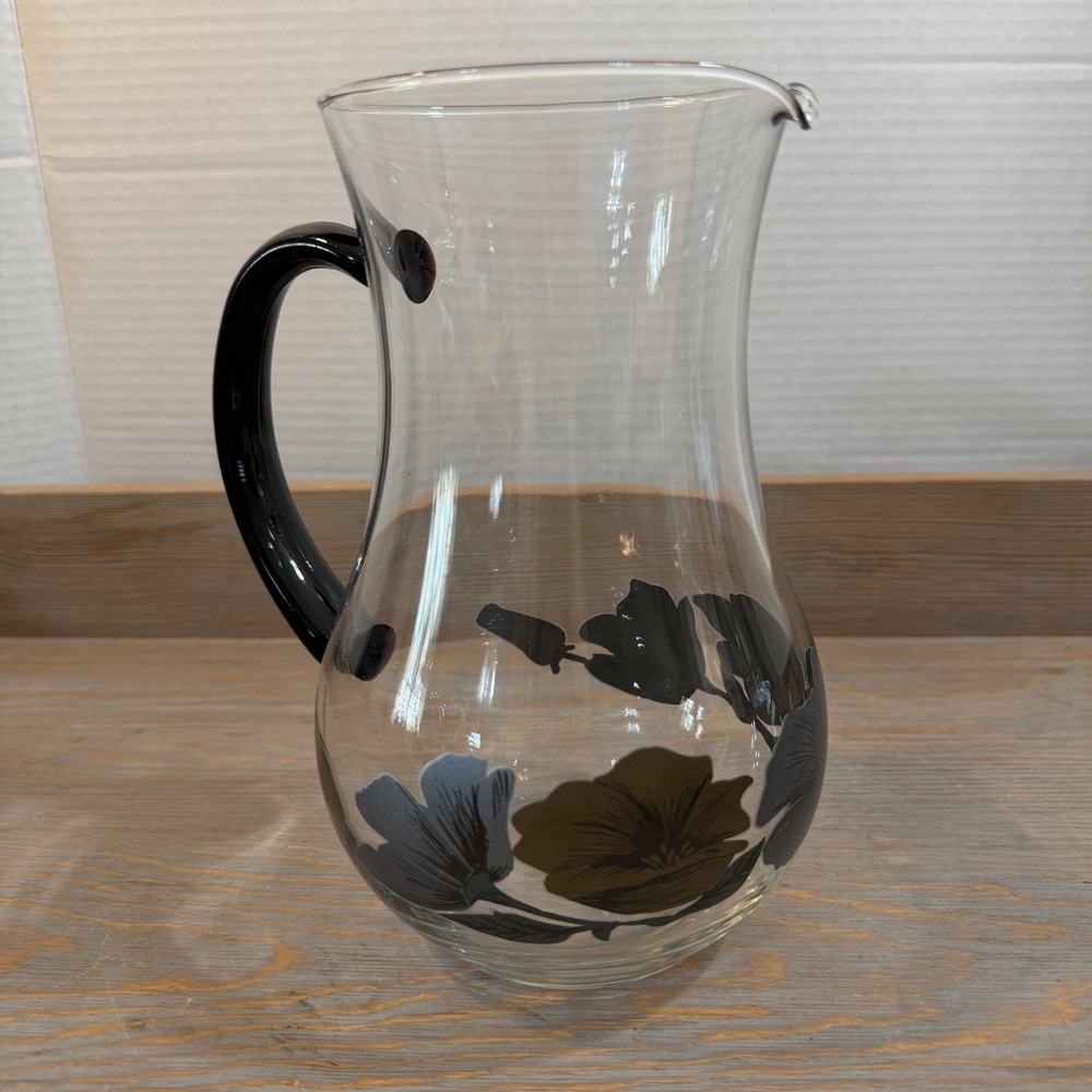 Vintage Arcoroc Hand Blown Glass Pitcher Black Handle Floral Charcoal Olive Gold